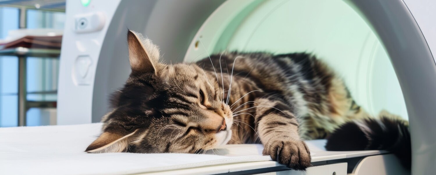Katze liegt ruhig in einem CT-Scanner bei einer tiermedizinischen Röntgenuntersuchung