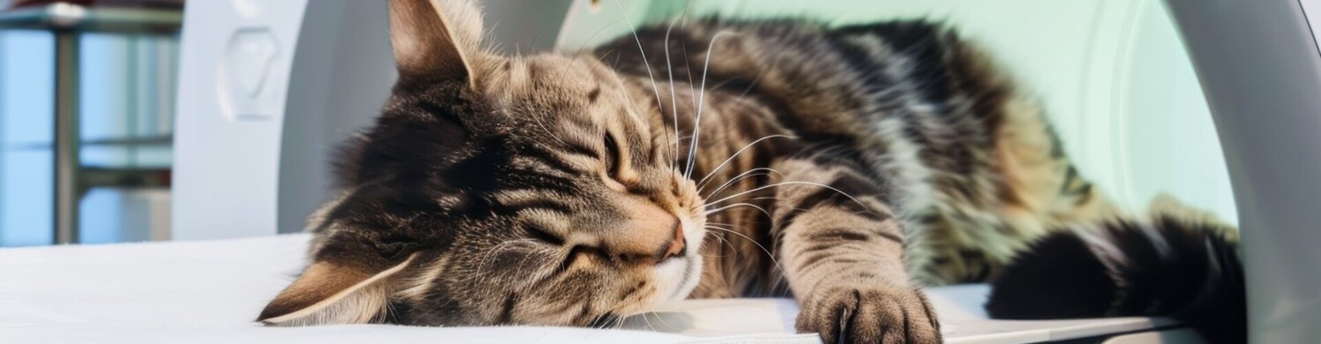 Katze liegt ruhig in einem CT-Scanner bei einer tiermedizinischen Röntgenuntersuchung