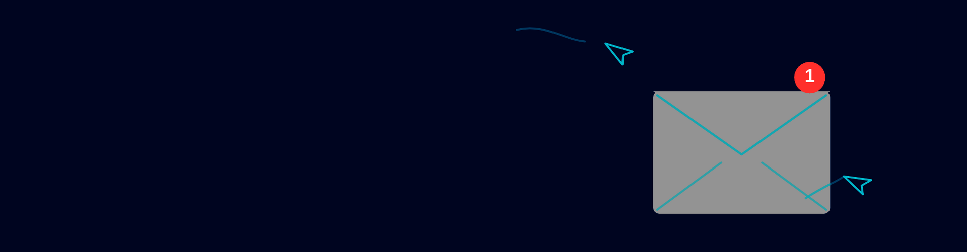 Illustration einer E-Mail, die auf dunkelblauem Hintergrund fliegt
