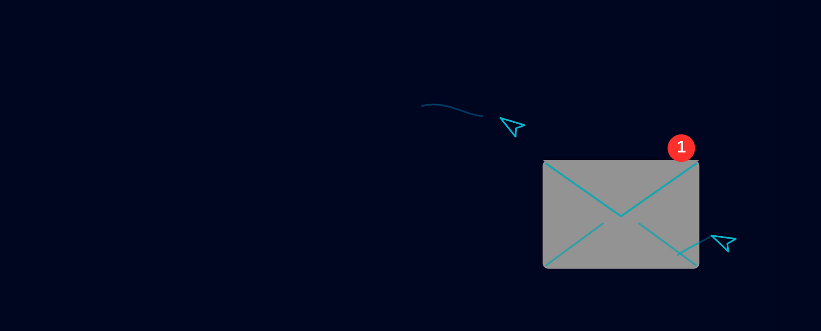 Illustration einer E-Mail, die auf dunkelblauem Hintergrund fliegt