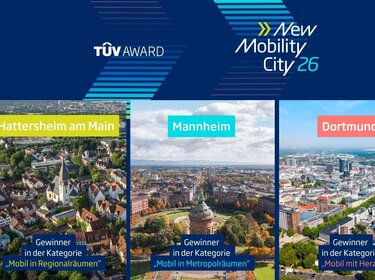 Hattersheim, Mannheim und Dortmund: Sieger des ersten TÜV Award „New Mobility City“ Stadtansichten aus der Luft von Hattersheim, Mannheim und Dortmund