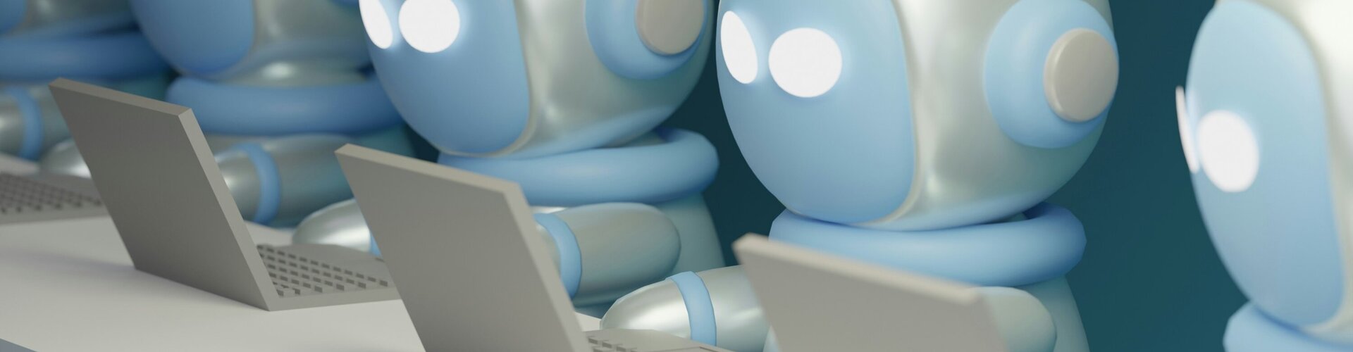KI-Agenten: Unternehmen sehen erhebliche Sicherheitsrisiken Grafik von fünf Robotern. Sie sitzen vor einem geöffneten Laptop.