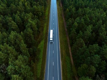 Ein weißer Sattelschlepper fährt auf einer Landstraße durch einen Wald