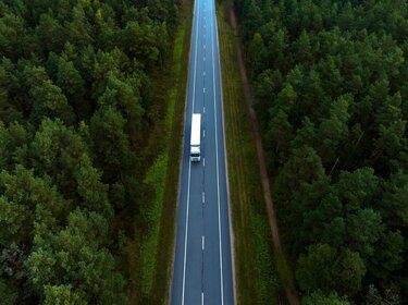 TÜV-Report Nutzfahrzeuge 2025: Mängelquote steigt deutlich Ein weißer Sattelschlepper fährt auf einer Landstraße durch einen Wald