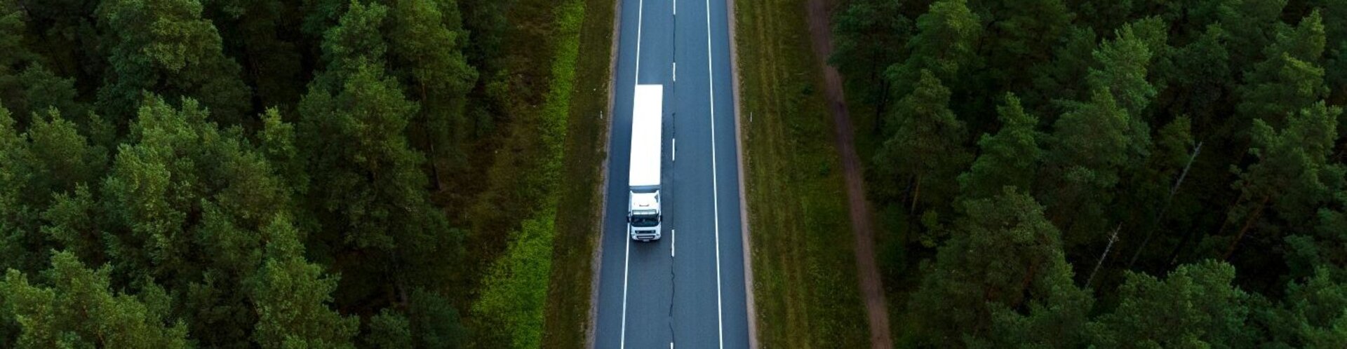 Ein weißer Sattelschlepper fährt auf einer Landstraße durch einen Wald