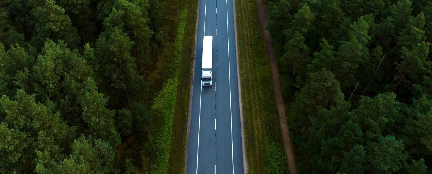 Ein weißer Sattelschlepper fährt auf einer Landstraße durch einen Wald