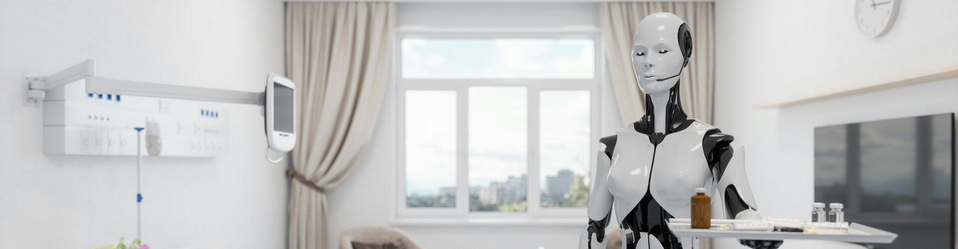 EU-Beratungen zu MDR/IVDR: TÜV-Verband warnt vor Sektor-Exit Humanoider Serviceroboter in einem hellen Patientenzimmer eines Krankenhauses. Der weiß-schwarze Roboter trägt ein Tablett mit Medikamenten und medizinischem Zubehör. Im Hintergrund stehen ein Krankenbett, ein Rollstuhl und medizinische Geräte.