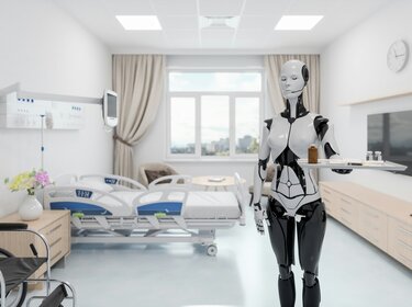 EU-Beratungen zu MDR/IVDR: TÜV-Verband warnt vor Sektor-Exit Humanoider Serviceroboter in einem hellen Patientenzimmer eines Krankenhauses. Der weiß-schwarze Roboter trägt ein Tablett mit Medikamenten und medizinischem Zubehör. Im Hintergrund stehen ein Krankenbett, ein Rollstuhl und medizinische Geräte.