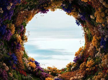 Kreisförmiger Blick durch Pflanzen auf das Meer