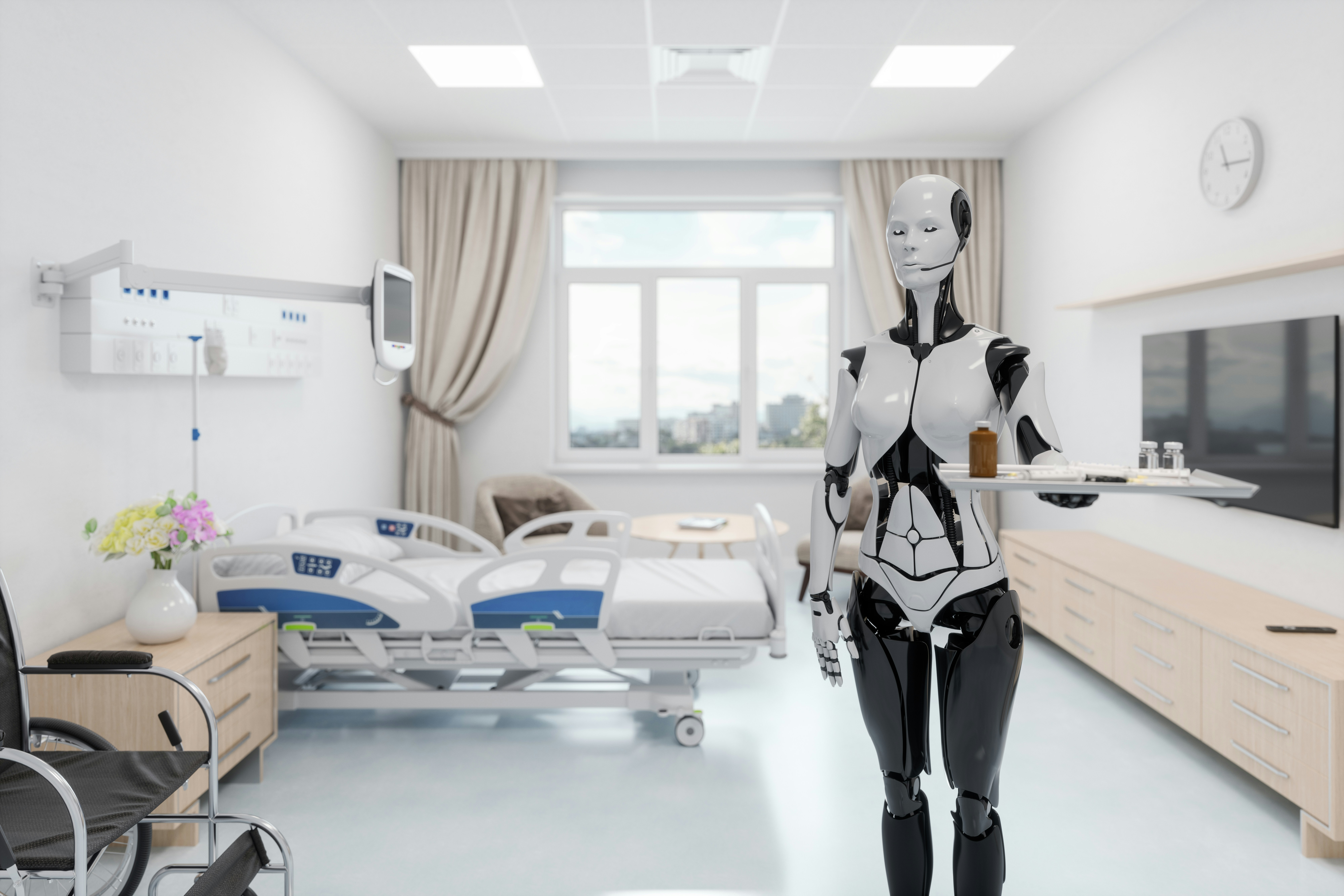 EU-Beratungen zu MDR/IVDR: TÜV-Verband warnt vor Sektor-Exit Humanoider Serviceroboter in einem hellen Patientenzimmer eines Krankenhauses. Der weiß-schwarze Roboter trägt ein Tablett mit Medikamenten und medizinischem Zubehör. Im Hintergrund stehen ein Krankenbett, ein Rollstuhl und medizinische Geräte.