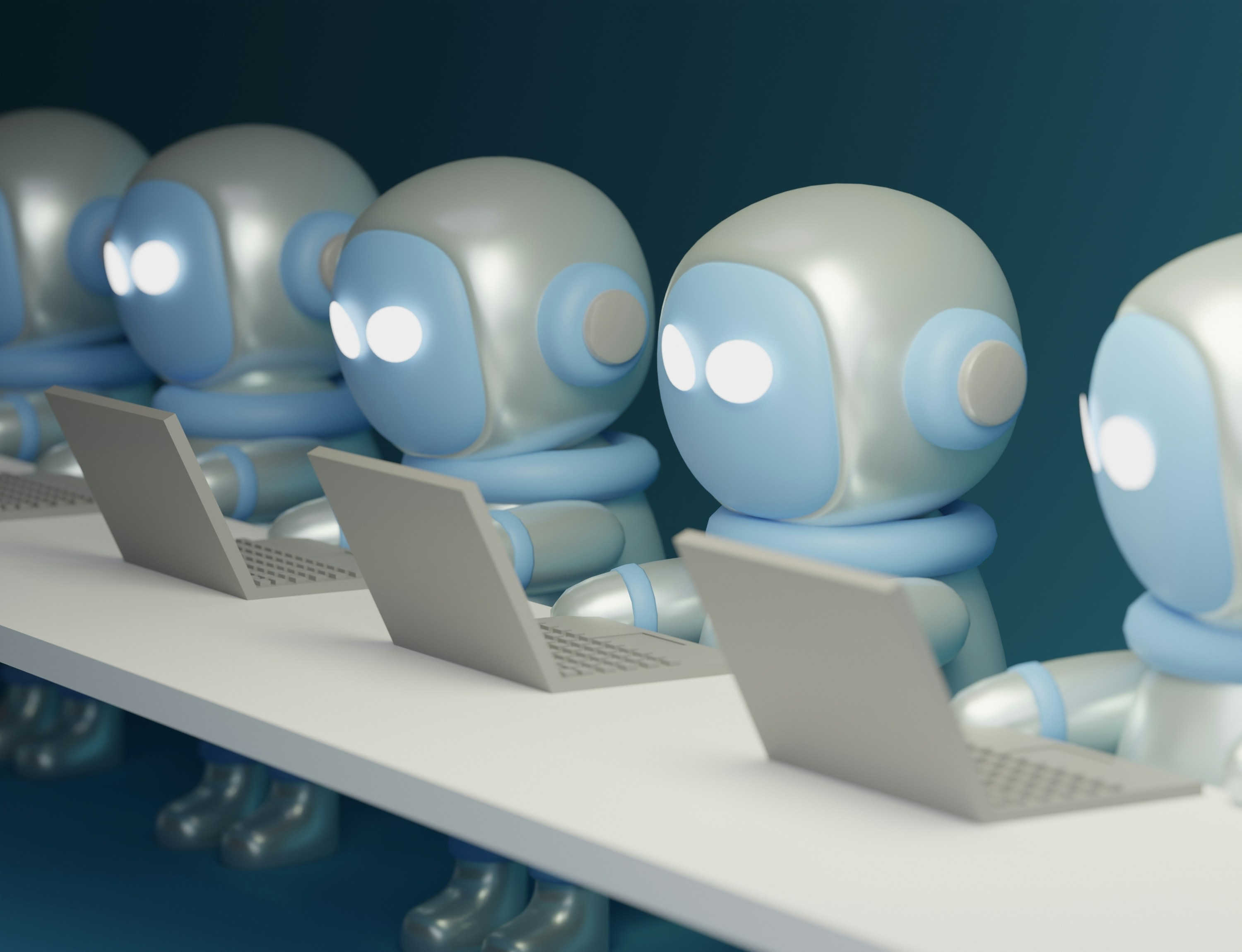 KI-Agenten: Unternehmen sehen erhebliche Sicherheitsrisiken Grafik von fünf Robotern. Sie sitzen vor einem geöffneten Laptop.